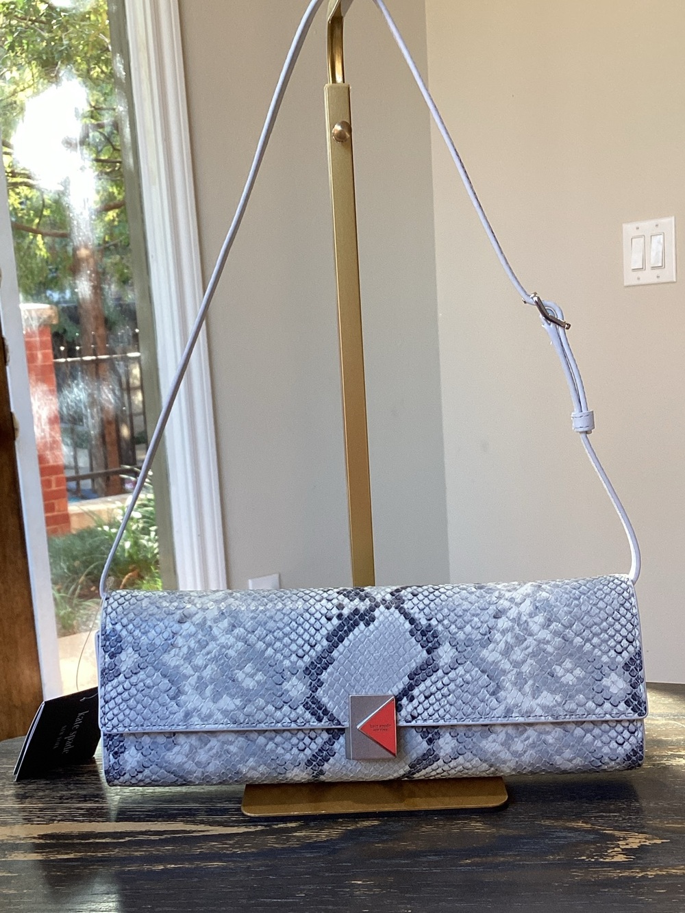 kate spade Deco Snake Embossed Leather Shoulder Bag in pale sapphire